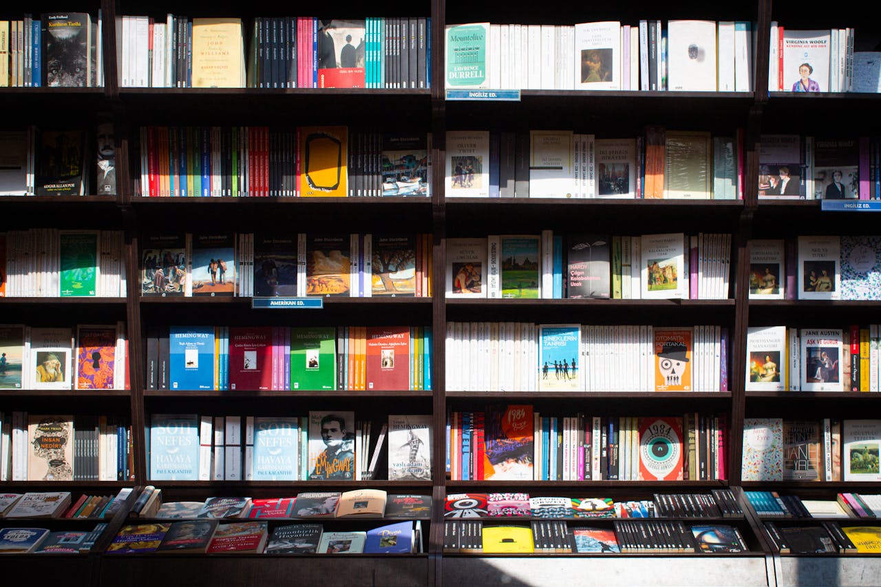 gallery-1 Wide array of books on a shelf in a cozy bookstore in Ankara, Türkiye.